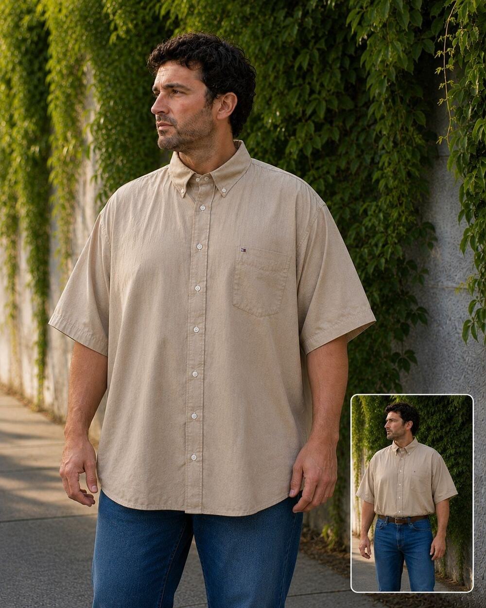 Tommy Hilfiger XXL Beige Pigment Dyed Button Front Shirt Short Sleeve Cotton